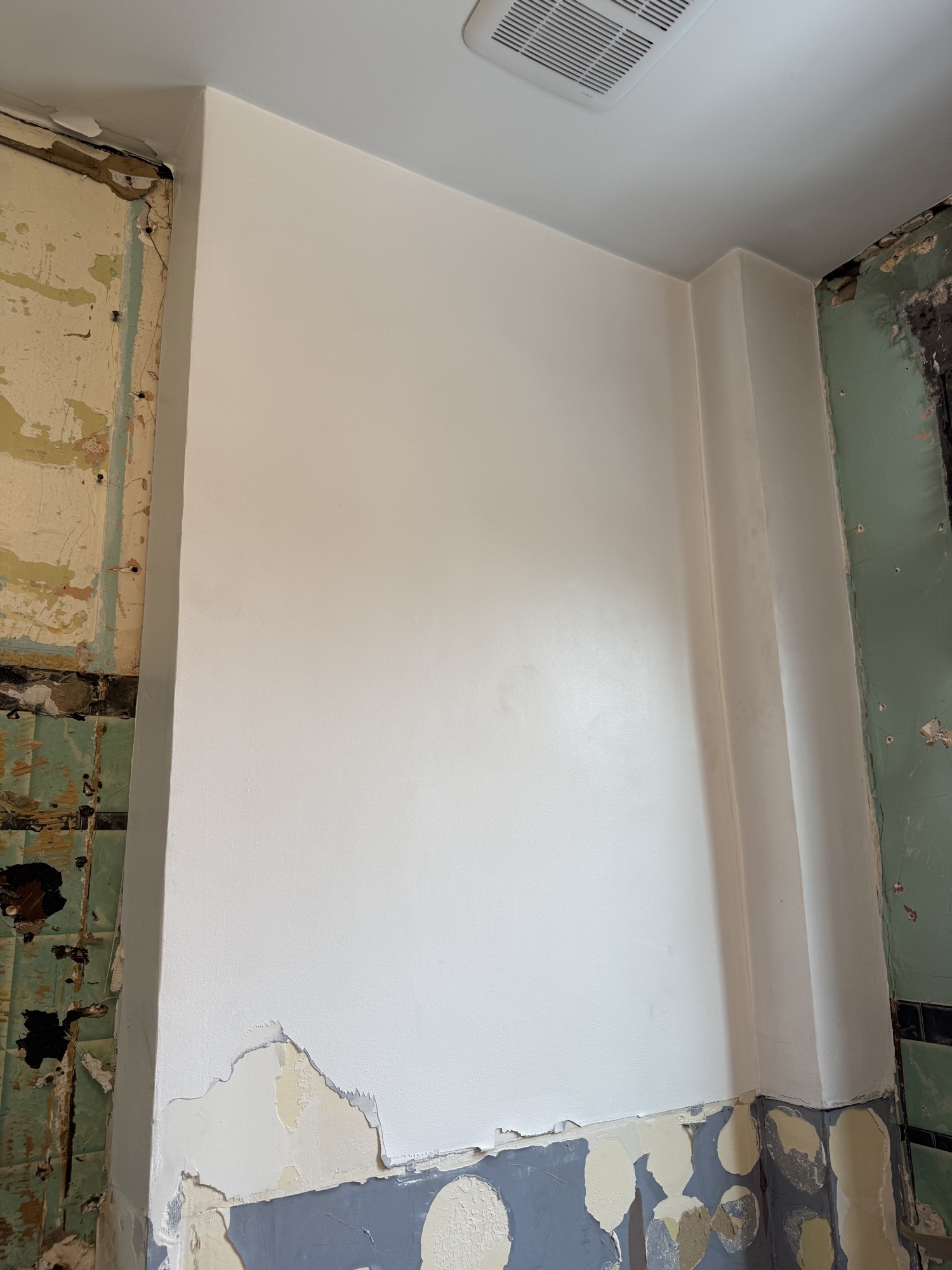 Bathroom mid-renovation — old tile stripped from the walls